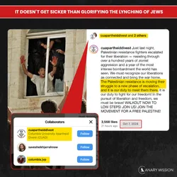 On October 7, 2024—one year after Hamas’s massacre—Columbia BDS groups, including CUAD and JVP, celebrated a new “phase of escalation” in Palestinian resistance, sharing an image appearing to glorify the lynching of Jews.